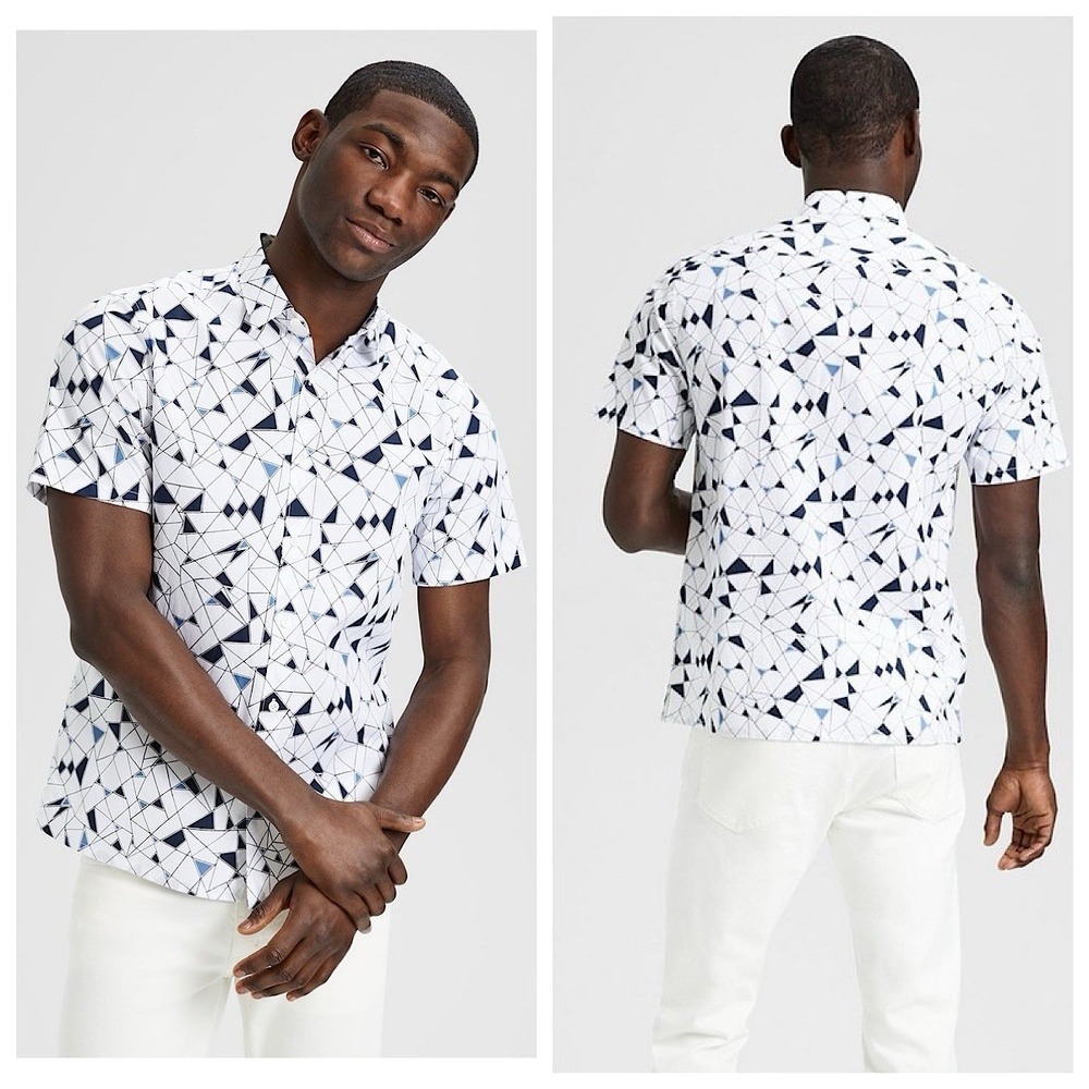 Theory Short Sleeve Shirt Mens Size XL White Abstract Print